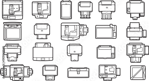 An overview of various electronic component top views. The elements are displayed with sharp, precise, and highly detailed line art in a minimalistic style. 