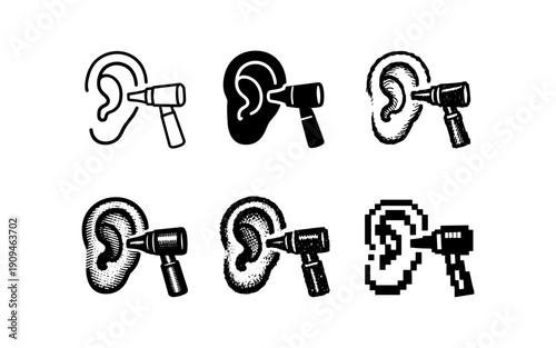 Collection of ear examination icons with otoscope in various artistic styles