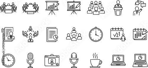 Business Meeting and Conference Outline Icons Set. Vector symbols for presentation, team discussion, speaker, time management, scheduling, documents, and digital communication.