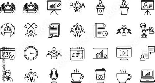 Business Meeting and Presentation Icons Set. Line art collection for corporate communication, teamwork, data analysis, scheduling, and office essentials like coffee and tech.