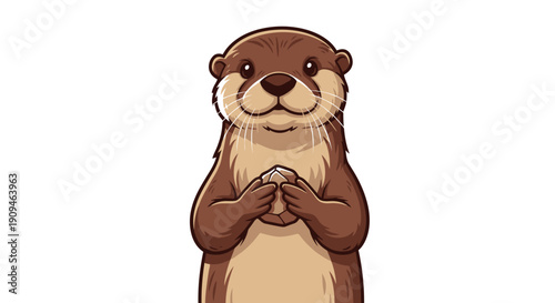 Cartoon otter standing on hind legs with hands clasped together in a praying gesture, illustration on a white background, viewed from the front