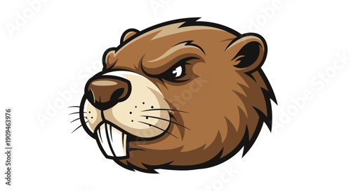 Cartoon beaver head illustration with prominent teeth and brown fur, viewed from the side