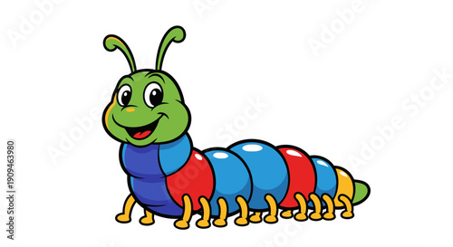 Colorful cartoon caterpillar with multiple segments and legs illustrated in a playful style