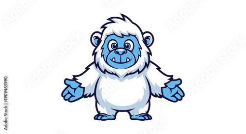 A cartoon yeti character stands with open arms, showcasing a friendly gesture in a simple illustration.