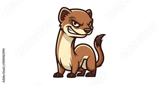 A cartoon weasel with a sly expression standing on its hind legs, viewed from the side, in a simple illustration style