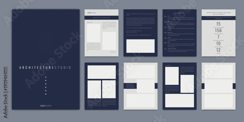 Real estate. Architecture portfolio. Apartment building exterior minimal design. Architectural project booklet structured typography. Construction layout. Vector presentation brochure templates set