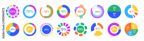 Data visualization dashboard. Technology infographic. Round circle diagram. Computer marketing presentation. Analytics interface panel. Donut and pie graphs percentage. Vector garish icon isolated set