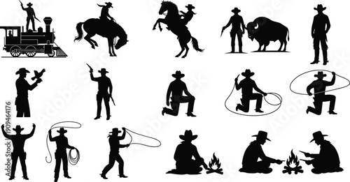 Set of cowboy silhouettes, wild west ranger vector illustrations collection, riding horse and throwing lasso figures, American frontier design elements isolated on white.