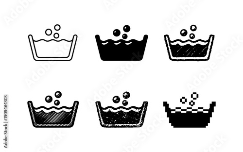 Collection of six different wash basin icons with bubbles and water