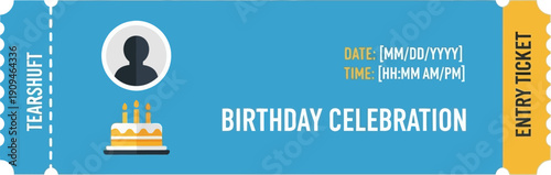 Blue birthday party ticket with cake icon and entry details.