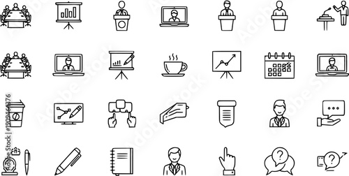 Collection of Business and Presentation Icons: Meetings, Speakers, Laptops, Charts, Coffee, Notes, and Questions