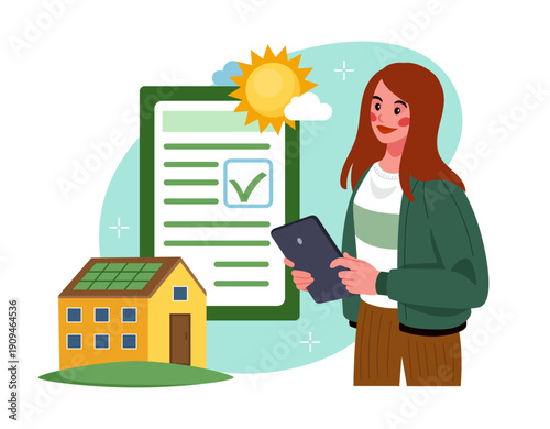 Solar home. Professional worker review green checklist, house with rooftop solar under sun, certification, and approval for residential energy. Eco energy. Vector cartoon flat isolated illustration