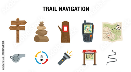 Ten icons illustrating trail navigation tools and markers on a white background