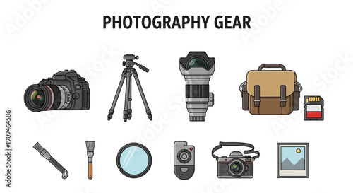 Illustration of various photography gear items arranged in two rows