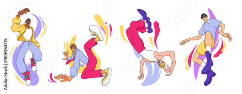 Dancers in motion. Street dance in dynamic poses, abstract people, casual apparel, sneakers, acrobatics performance, art show. Young jumping person. Vector cartoon flat style isolated illustration
