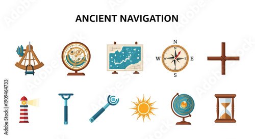 Bild auf Leinwand Ten icons related to ancient navigation instruments and aids displayed in two ro