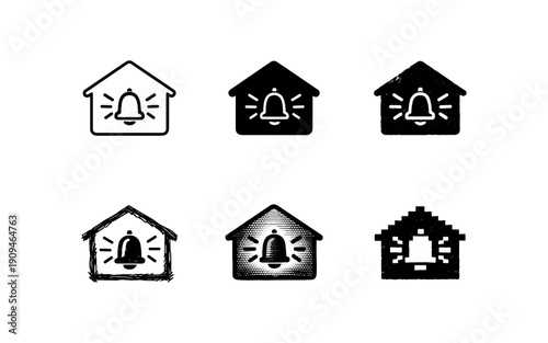 Collection of house icons with a bell symbol, representing home security and alerts