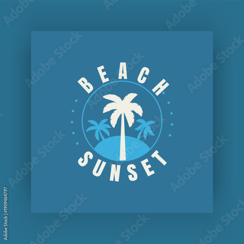 Summer logo. Beach vacation. Tropical palms. Sea water waves. Sunset at seashore. Summertime travel sticker. Ocean coast silhouette. Journey logotype. Cruise voyage. Resort label. Vector emblem design
