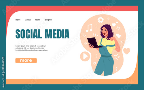 Social media people. Internet blog landing page. Digital content. Website template design. Online messenger technology. Blogger woman with laptop. User chatting. Creative blogging. Vector background