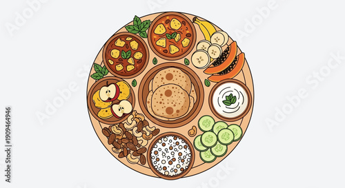 Assorted Indian cuisine dishes on a traditional thali plate.