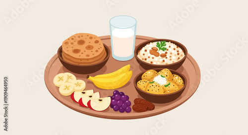 Healthy breakfast meal with fruits and porridge on a wooden plate.
