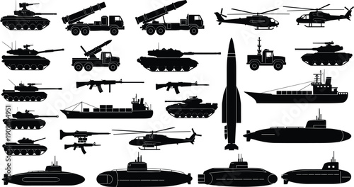Military vehicles and weapon silhouettes collection including tanks, submarines, helicopters, missile launchers, warships and assault rifles isolated on white background for defense concept design