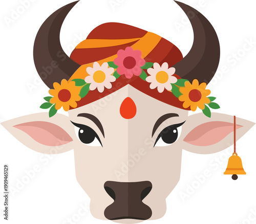 Decorated Cow Head with Floral Garland and Ornaments.
