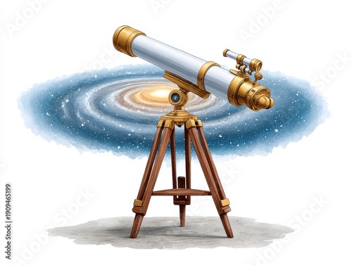 A vintage telescope sits on a wooden tripod, with a swirling galaxy background, symbolizing exploration and the wonders of the universe.