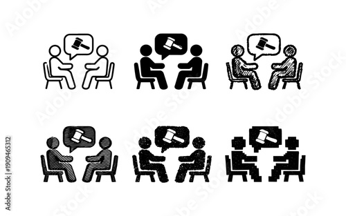 Legal consultation icons showing people discussing with a gavel symbol in a speech bubble