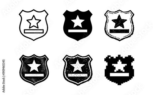 Collection of six police badge icons in various styles and textures for law enforcement themes