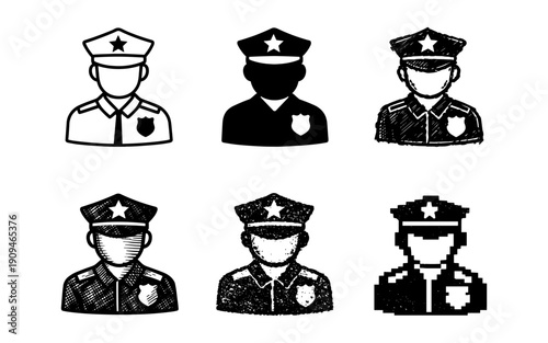 Collection of diverse police officer icons in various artistic styles and representations