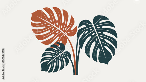 A minimalist illustration of a Monstera deliciosa leaf in two colors - terracotta orange and deep teal blue (4)_traced