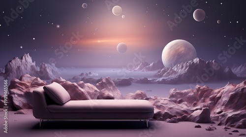 A serene and surreal landscape featuring a white couch on a distant planet