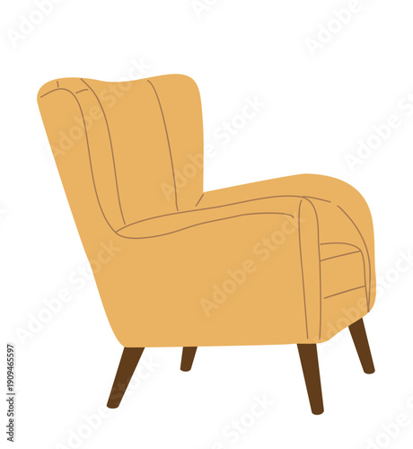 Cartoon-style flat vector illustration of a mustard yellow upholstered armchair in side view with quilted stitching details and wooden legs, isolated on transparent background.
