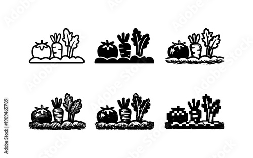 Collection of stylized vegetable garden icons featuring tomatoes, carrots, and leafy greens in various artistic styles