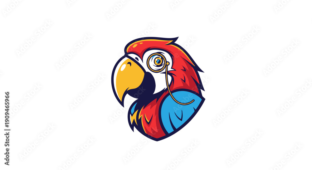Fototapeta premium A vibrant cartoon parrot's head is illustrated in a modern graphic style with bold colors and clean lines
