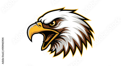 Eagle head illustration with open beak and sharp talons, vector graphic, side view, detailed feathers, wildlife symbol