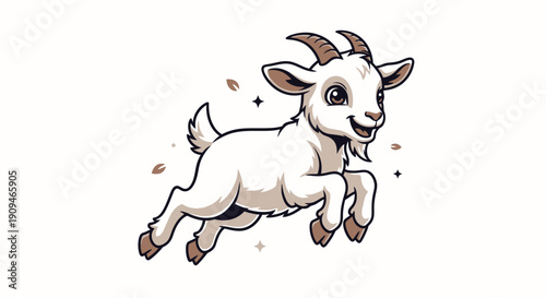 A playful white goat running freely in a lively cartoon style illustration