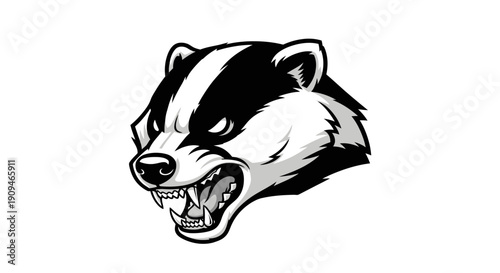 A fierce badger head illustration with sharp teeth and a menacing expression, depicted in black and white, viewed from the side