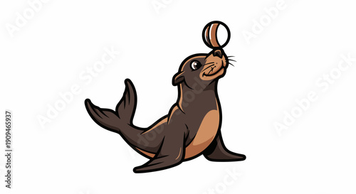 A brown seal balancing a ball on its nose, sitting on a transparent background, viewed from the side.