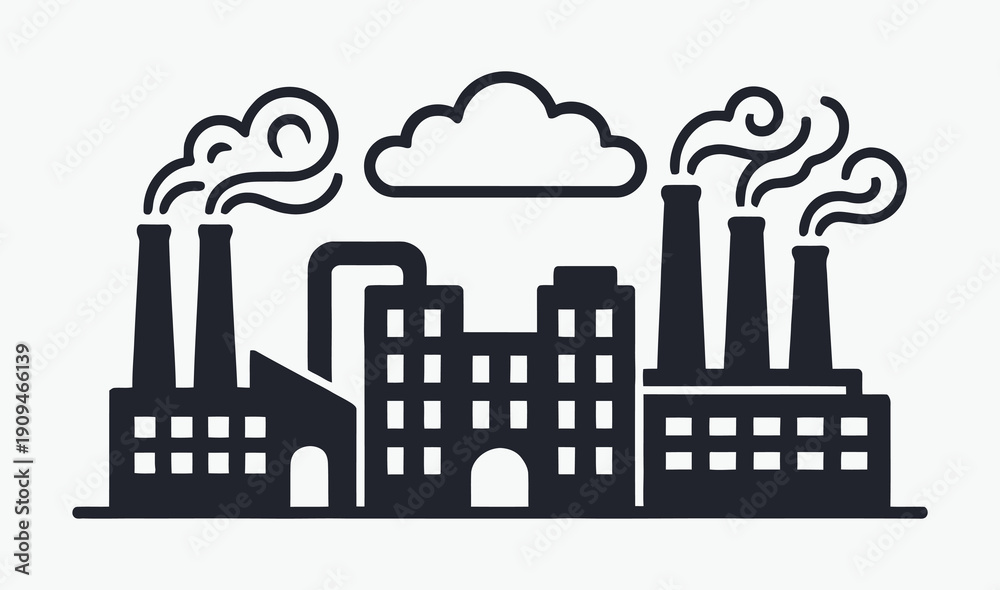 Obraz premium Factory Building Silhouette with Smoke and Cloud Icon