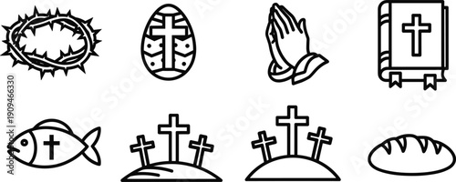 Christian symbols silhouette illustrations including cross fish crown of thorns and bible