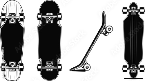 Set of skateboard vector illustrations, longboard deck top and bottom view, street sport equipment icons, cruiser board silhouette, black and white collection isolated on white.