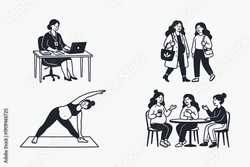 Modern Pregnant Woman Lifestyle Scenes Illustration Set