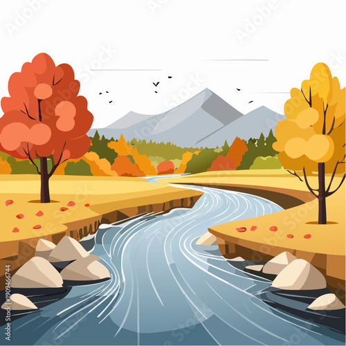 Autumnal river landscape with colorful trees and distant mountains
