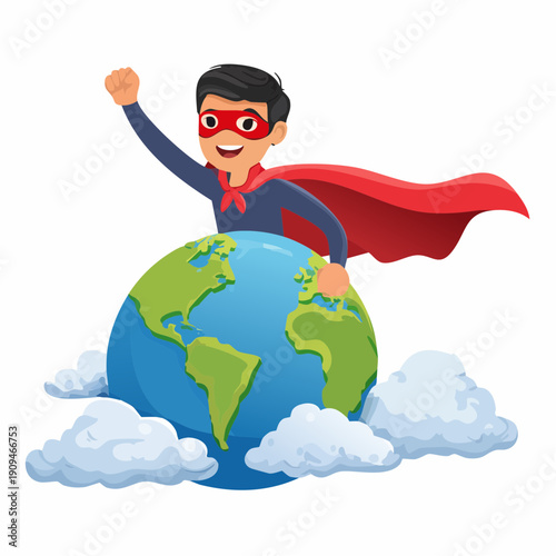 Cartoon Superhero Boy Protecting Planet Earth with a Red Cape and Mask, Representing Global Environmental Care