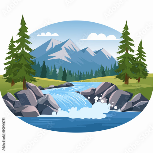 Majestic Mountain Landscape with Flowing River and Waterfall, Surrounded by Lush Green Pine Trees and Rocky Shores, Capturing Nature's Serene Beauty