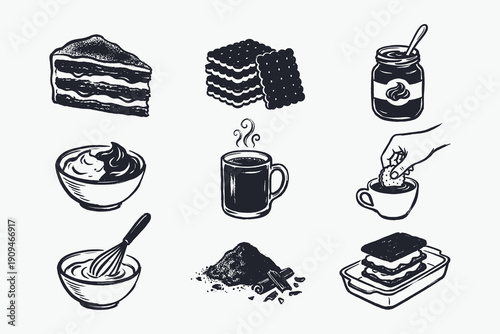 Vintage Dessert and Baking Icons Hand Drawn Set
