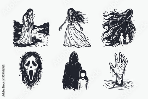 Monochrome Collection of Spooky Horror Figures and Supernatural Entities