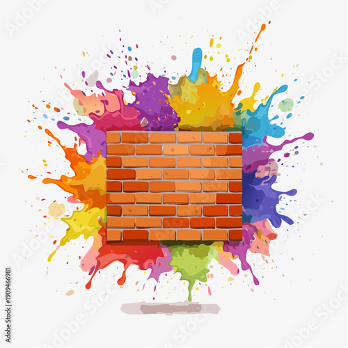 Colorful paint splatters explode around a brick wall background